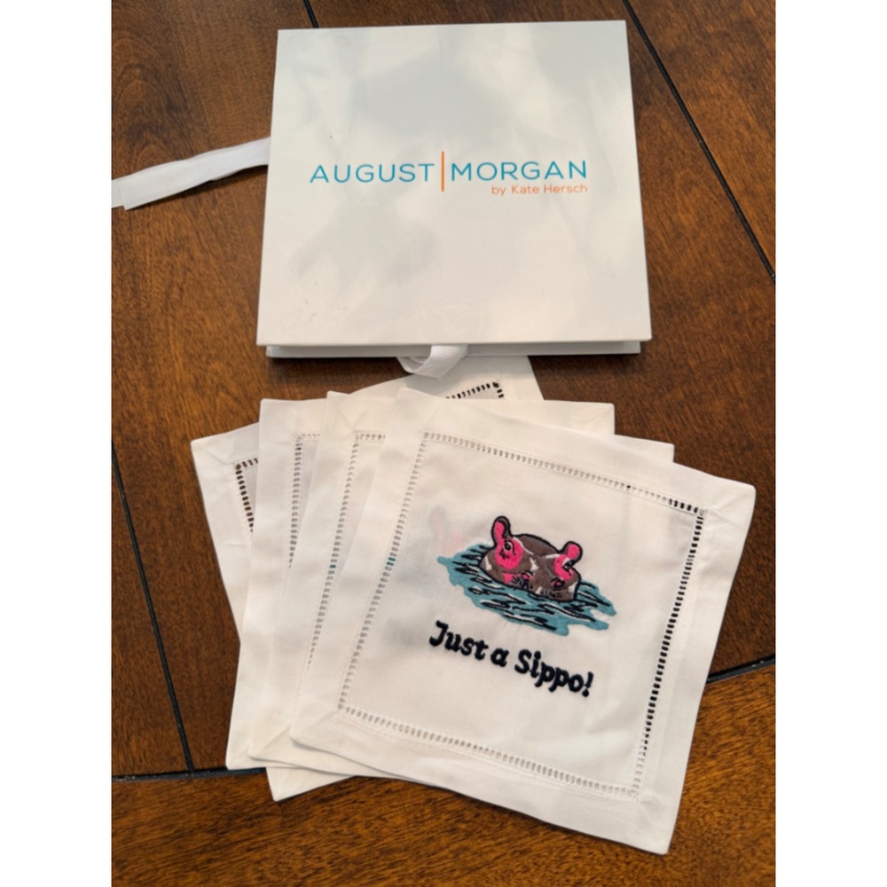 August Morgan Just a Sippo Hippo Embroidered Cocktail Napkins Set of 4 White 6x6